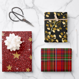 Rouge de Noël Paillettes Papier Or Plaid Tartan