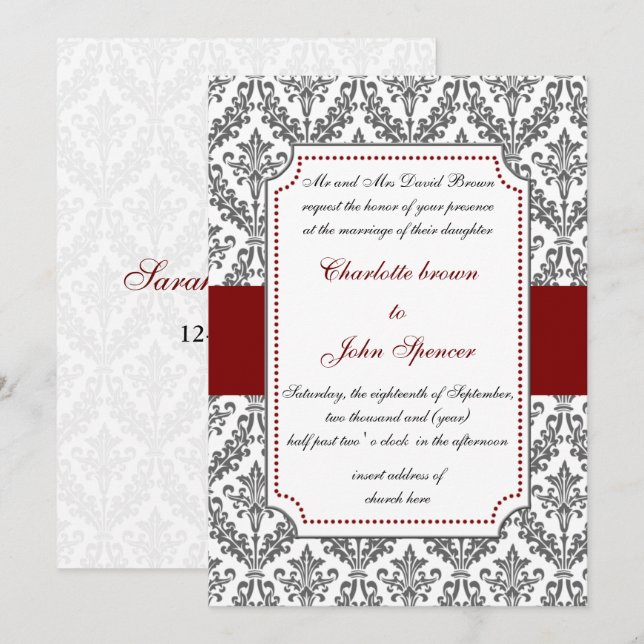 rouge élégant, invitation mariage damassé (Devant / Derrière)
