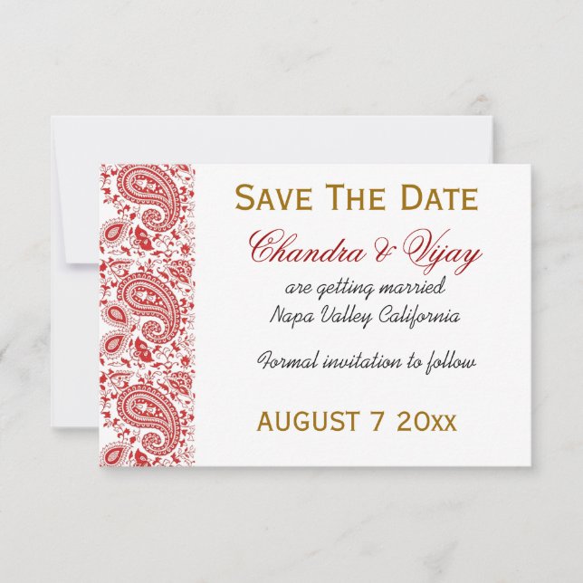 Rouge et blanc paisley Save the date mariage (Devant)