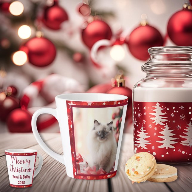 Rouge et blanc Star Holiday Latte Mug (Red and White Stars Holiday Photo Latte Mug)