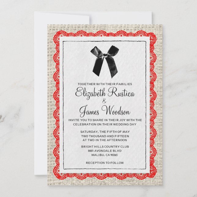 Rouge et invitations de mariage de toile de jute (Devant)