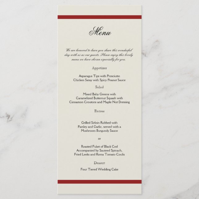 Rouge et ivoire Filigree Vintage Wedding Menu (Devant)