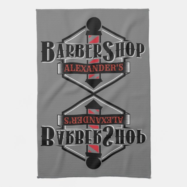 Rouge et noir Barbershop Logo Bar Serviette Person (Vertical)