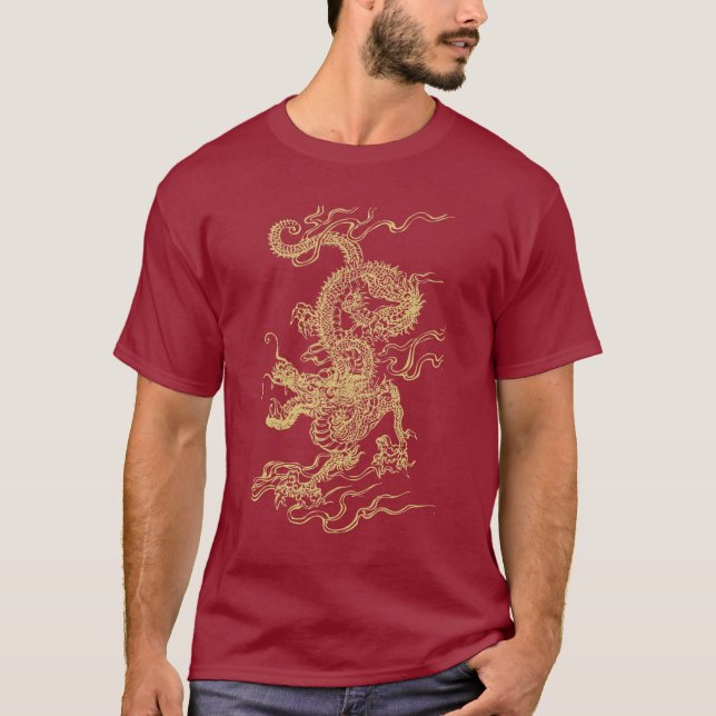 Rouge et T-shirt unisexe de dragon chinois d'or (Devant)