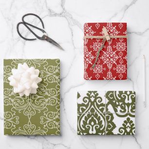 Rouge et Vert Papier Cadeau de Noël à Motif Damass
