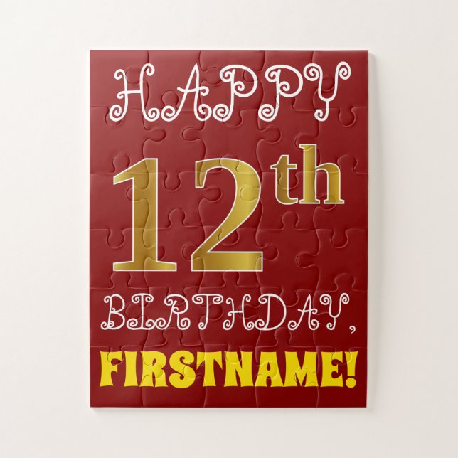 Rouge, Faux Gold 12e anniversaire + Puzzle de nom  (Vertical)