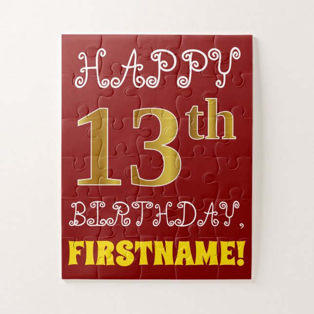 Rouge, Faux Gold 13e anniversaire + Puzzle de nom  (Vertical)