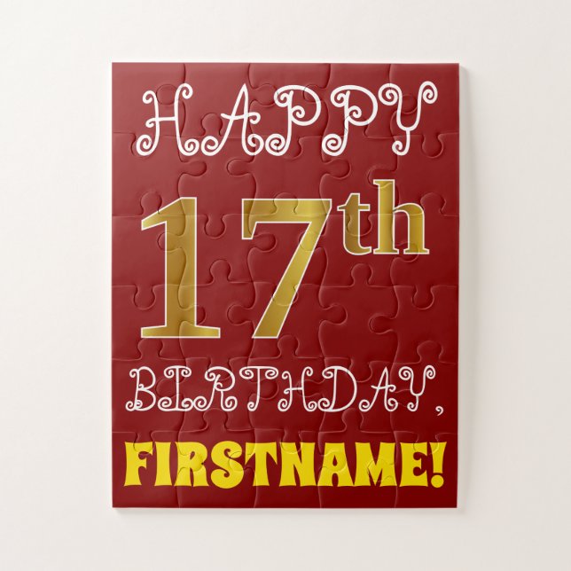 Rouge, Faux Gold 17e anniversaire + Puzzle de nom  (Vertical)