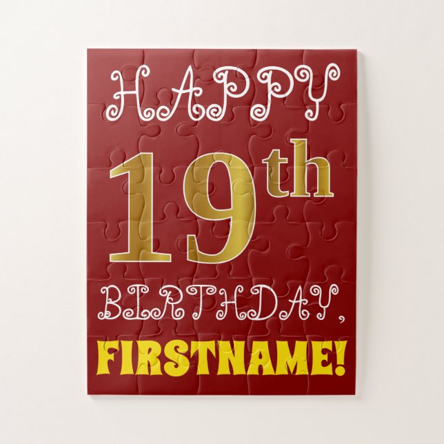 Rouge, Faux Gold 19e anniversaire + Puzzle de nom  (Vertical)