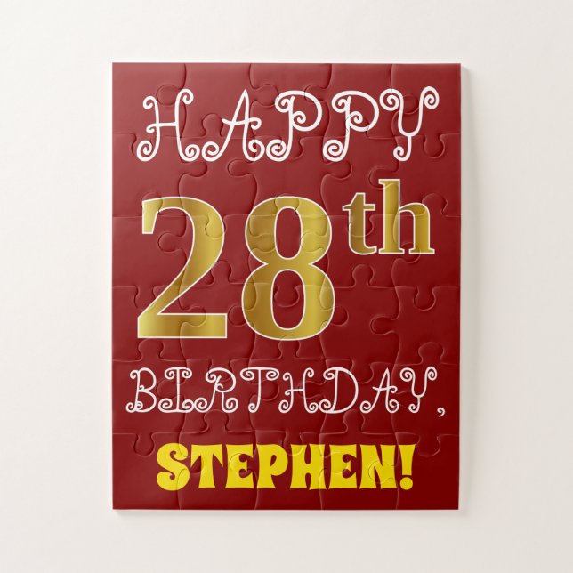 Rouge, Faux Gold 28e anniversaire + Puzzle de nom  (Vertical)