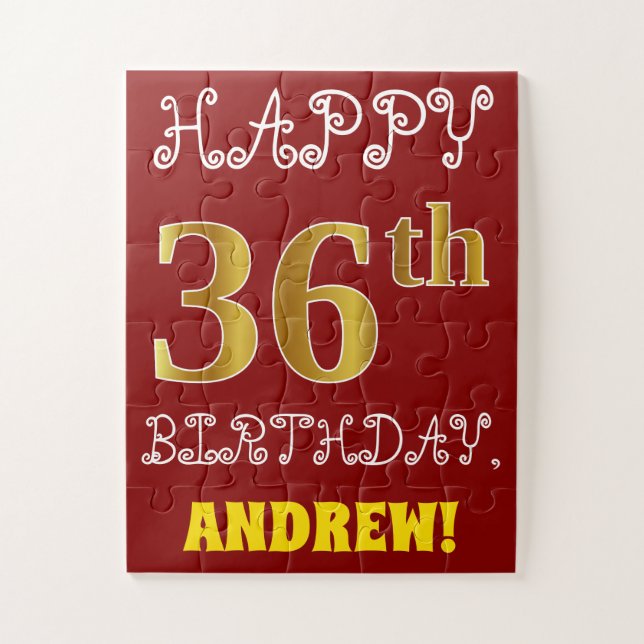Rouge, Faux Gold 36e anniversaire + Puzzle de nom  (Vertical)