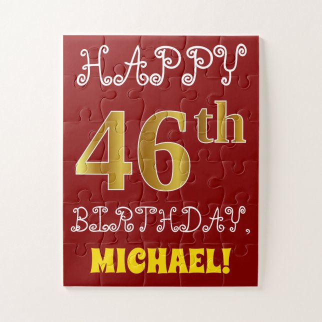 Rouge, Faux Gold 46e anniversaire + Puzzle de nom  (Vertical)