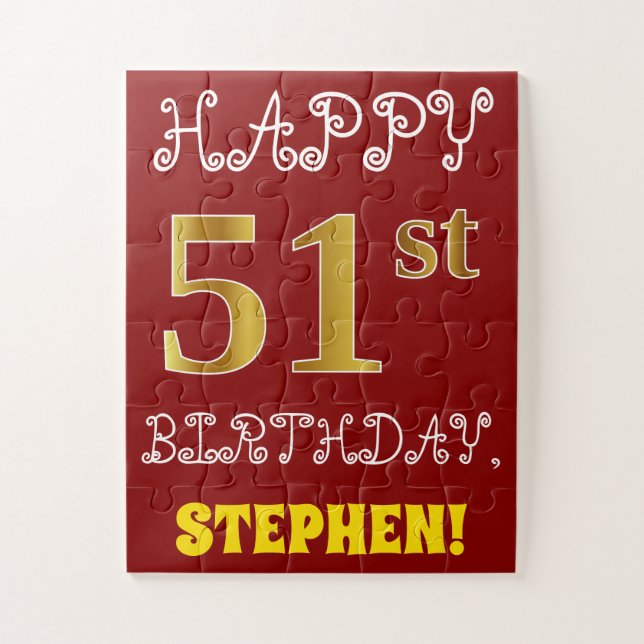 Rouge, Faux Gold 51e anniversaire + Puzzle de nom  (Vertical)