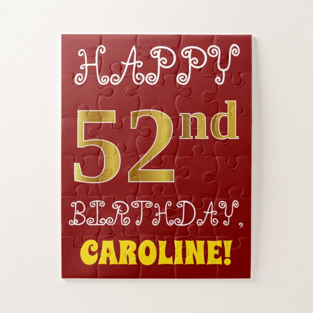 Rouge, Faux Gold 52e anniversaire + Puzzle de nom  (Vertical)
