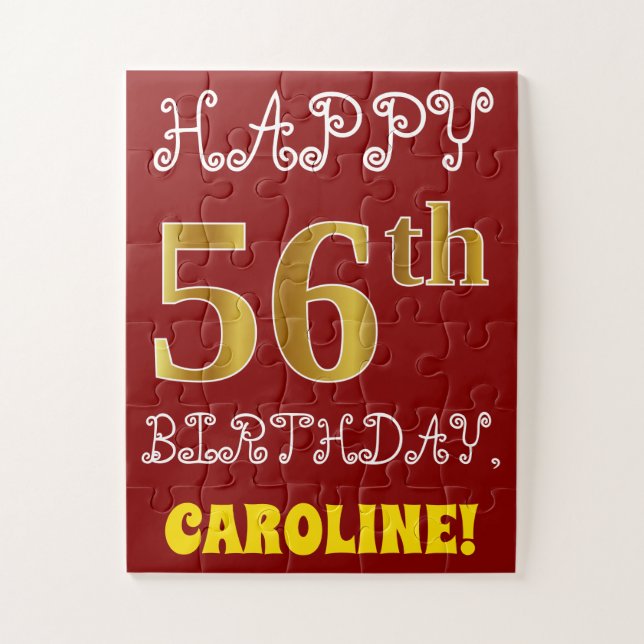Rouge, Faux Gold 56e anniversaire + Puzzle de nom  (Vertical)