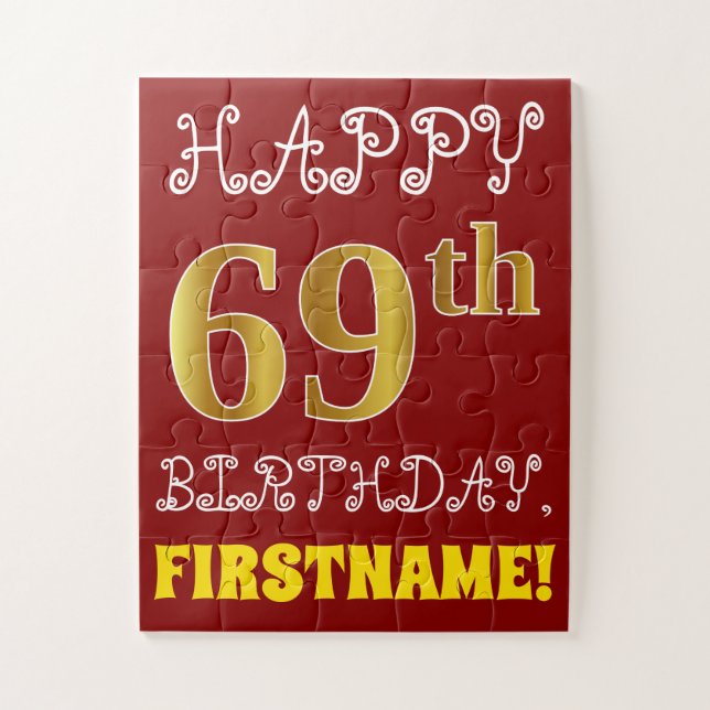 Rouge, Faux Gold 69e anniversaire + Puzzle de nom  (Vertical)
