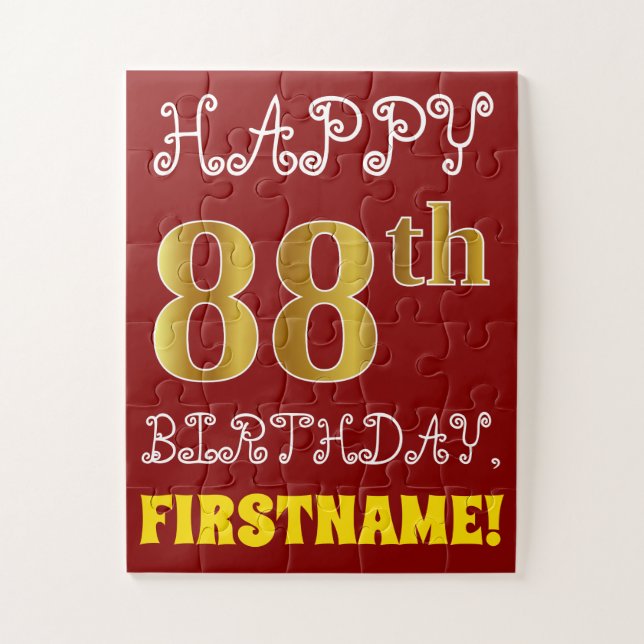Rouge, Faux Gold 88e anniversaire + Puzzle de nom  (Vertical)