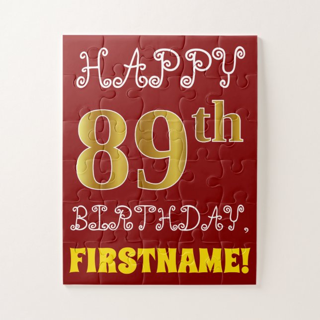 Rouge, Faux Gold 89e anniversaire + Puzzle de nom  (Vertical)