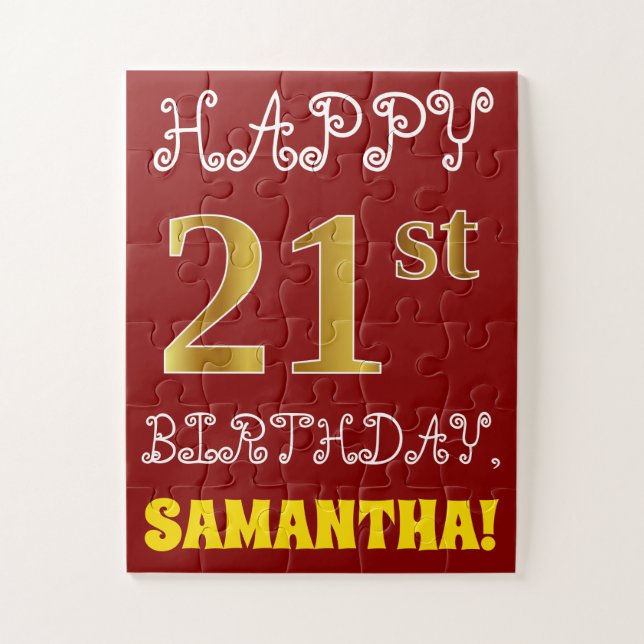 Rouge, Faux Or 21e Anniversaire + Puzzle Nom Perso (Vertical)