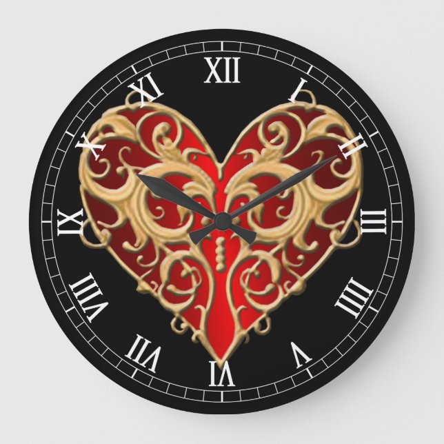 Rouge Filigree Coeur Romain Horloge numérique (Recto)