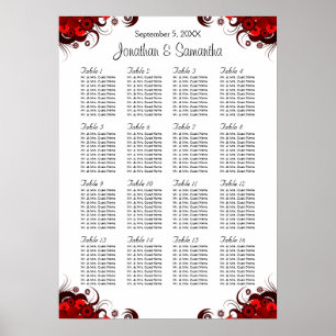 Rouge Floral & Blanc 16 Tables Mariages Tableau de