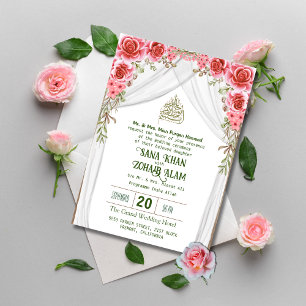 Rouge Floral Nikah Faire-part de mariage islamique