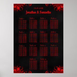 Rouge Floral & Noir 14 Tables Mariages Tableau de
