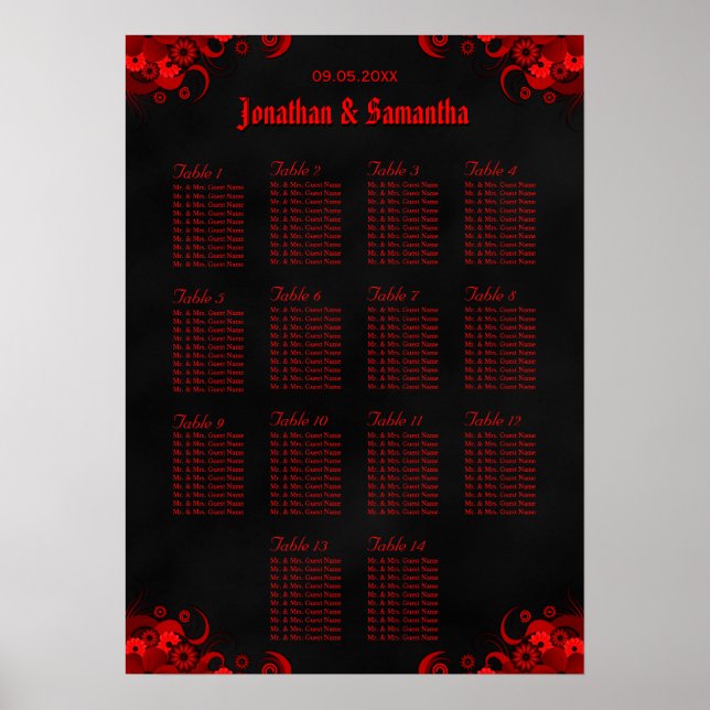 Rouge Floral & Noir 14 Tables Mariages Tableau de  (Devant)