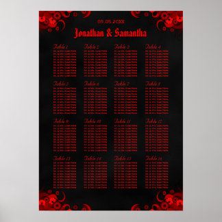 Rouge Floral & Noir 16 Tables Mariages Tableau de