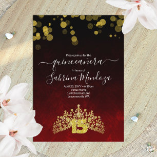 Rouge foncé, Gold Tiara Quinceanera Invitation