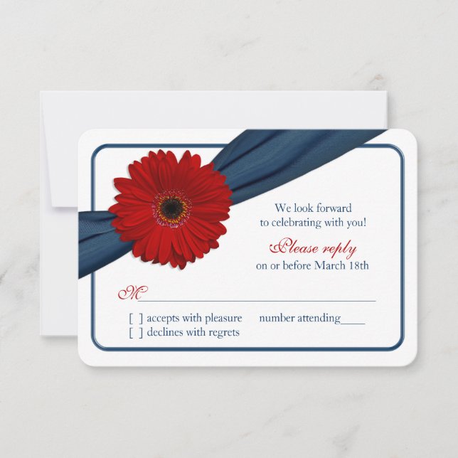 Rouge Gerber Daisy Ruban Bleu Marine Mariage RSVP (Devant)