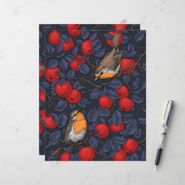 Rouge-gorges dans le pommier/bleu et rouge  (Devant/Arrière en situation)