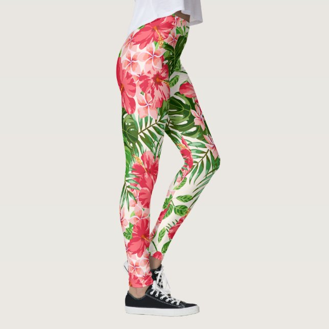 Rouge Hibiscus Fleur Blanc Arrière - plan leggings (Droite)