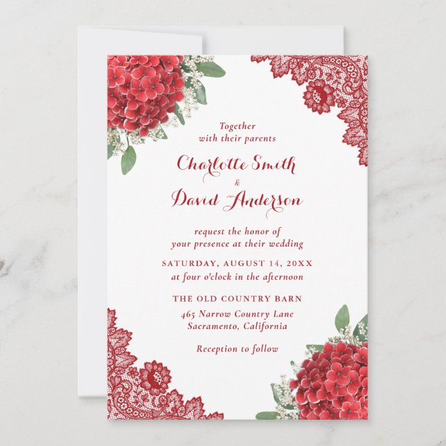 Rouge Hydrangea Floral Faire-part de mariage dente (Devant)