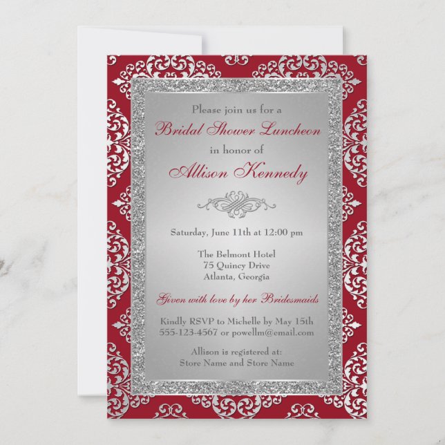 Rouge, invitation de Fête de la mariée de damassé (Devant)