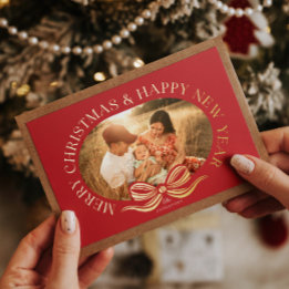 Rouge Joyeux Noël Ruban Feuille D'or Carte De Fête