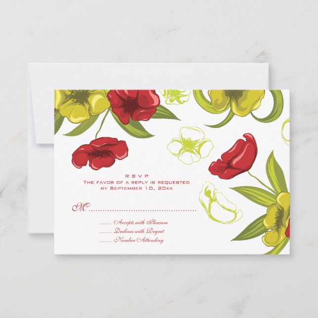 Rouge + Lime Green poppy fleurs mariage rsvp répon (Devant)