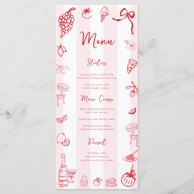 Rouge Menu Italien Dessiné à la Main pour Mariage  (Devant)
