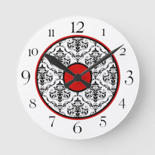 Rouge noir & blanc Damas Elégante horloge ronde