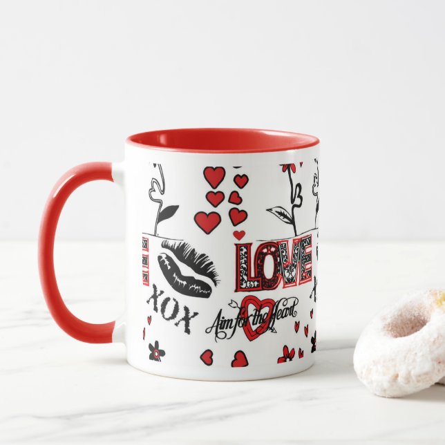 Rouge Noir Blanc Valentin Mug (Avec donut)