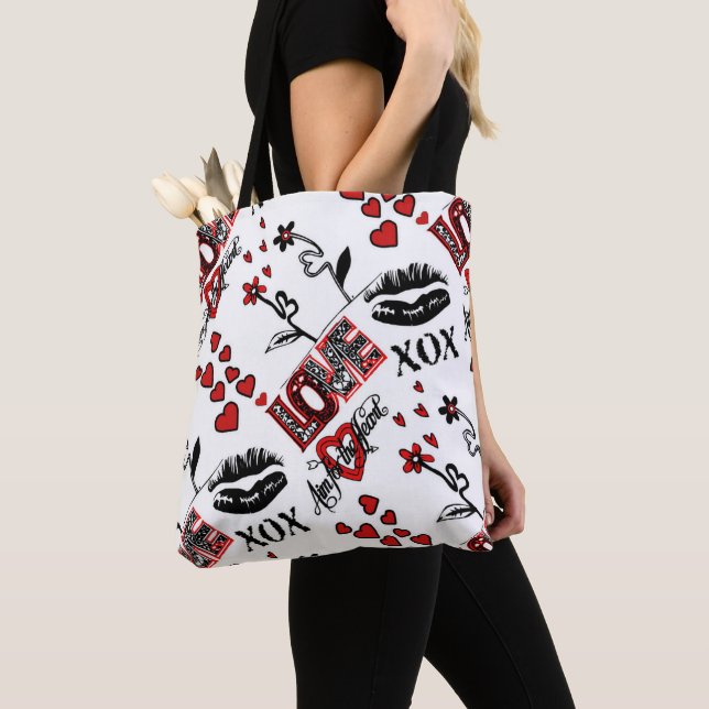 Rouge noir blanc Valentine Motif Sac fourre-tout (De près)