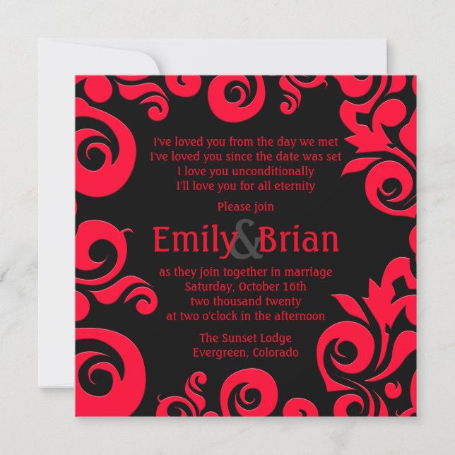 Rouge noir damask tourbillonner les invitations de (Devant)