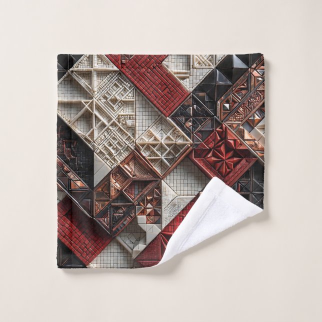 Rouge Noir Ivoire Micro Mosaïque 3D Géométrique (Gant de toilette)