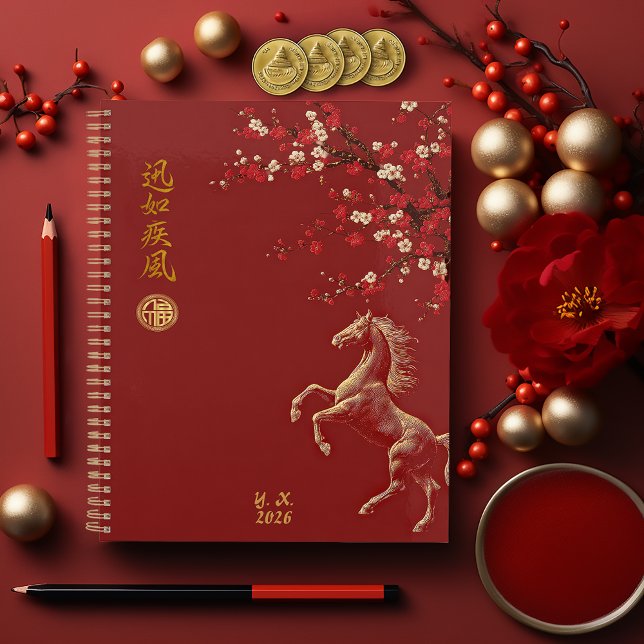 Rouge & Or Chinois Zodiaque Année du Cheval 2026 (Year of the Horse Stylish Traditional Yearly Planner )