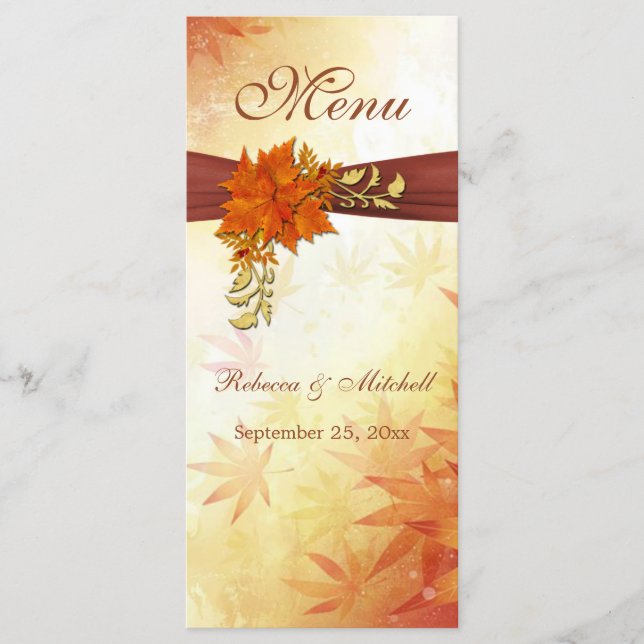 Rouge or Feuilles d'automne Mariage Menu Carte Rac (Devant)