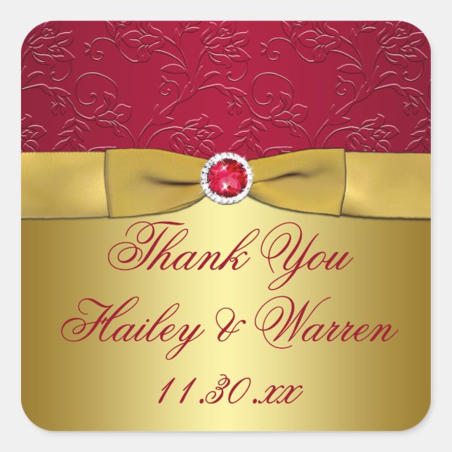 Rouge, Or Floral Mariage Favor Sticker Merci (Devant)