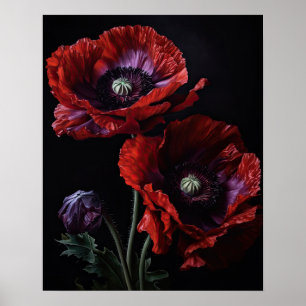 Rouge Oriental Fleurs de pavot Art Imprimer Poster