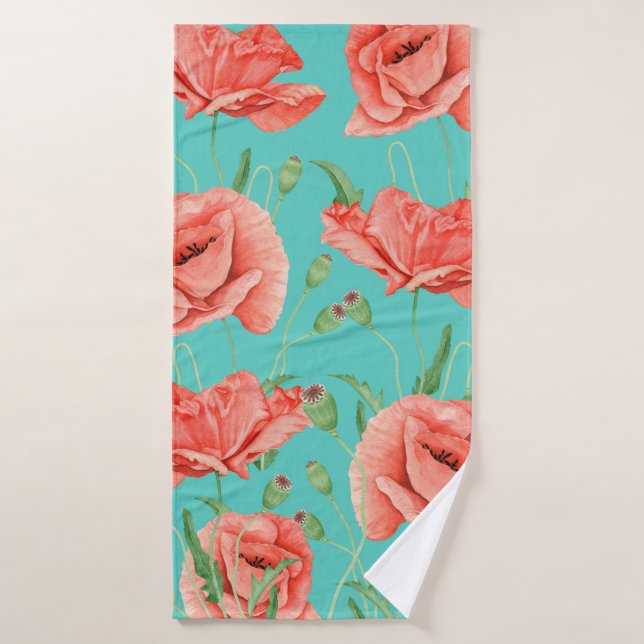 Rouge Poppies Turquoise Aquarelle Chic (Serviette de bain)