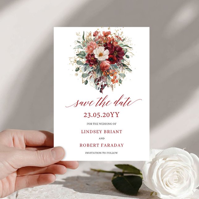 Rouge profond automnal or floral faire-part de sau (Autumnal Deep Red Gold Floral Save The Date

)
