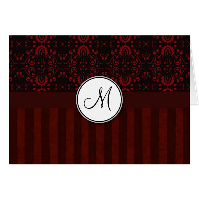 Rouge profond sur Damas noir et rayures avec Monog (Devant horizontal)